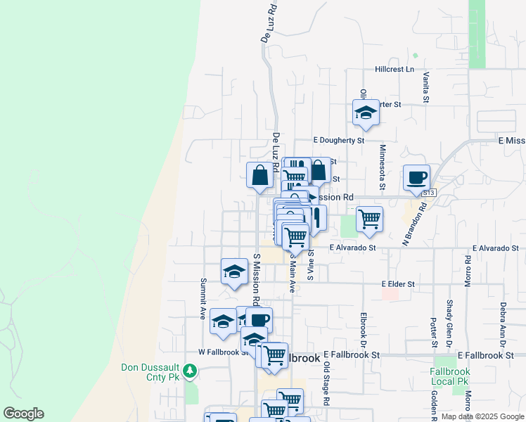 map of restaurants, bars, coffee shops, grocery stores, and more near 315 North Mission Road in Fallbrook