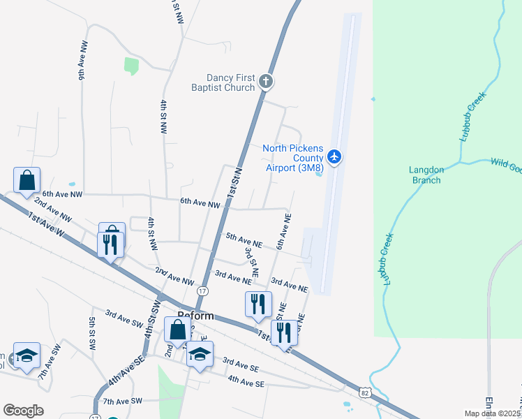map of restaurants, bars, coffee shops, grocery stores, and more near 604 3rd Street Northeast in Reform