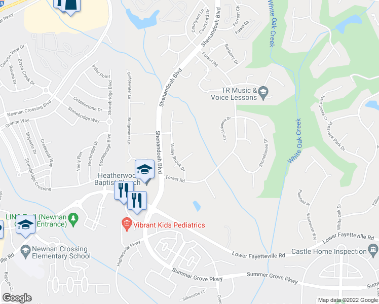 map of restaurants, bars, coffee shops, grocery stores, and more near 25 Briarwood Court in Newnan