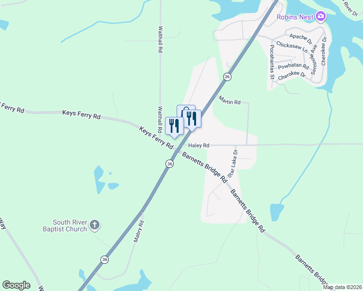 map of restaurants, bars, coffee shops, grocery stores, and more near 2390 Georgia 36 in Jackson