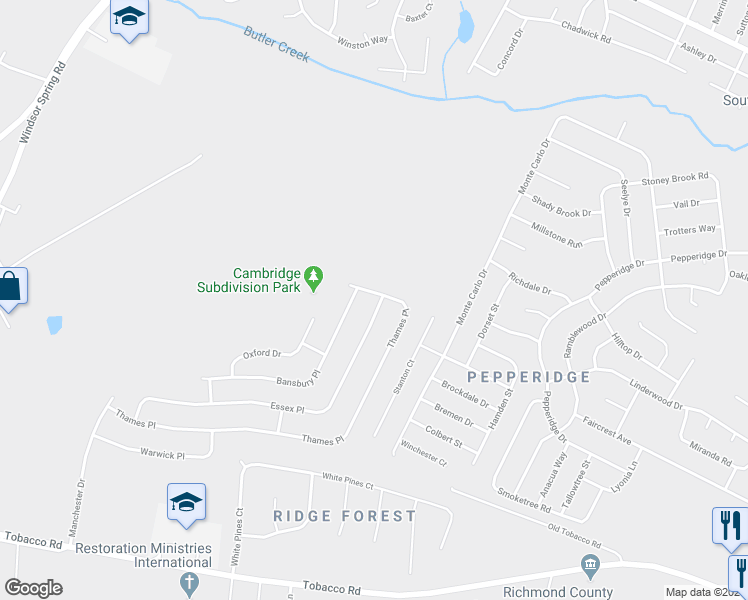 map of restaurants, bars, coffee shops, grocery stores, and more near 3427 Thames Place in Hephzibah