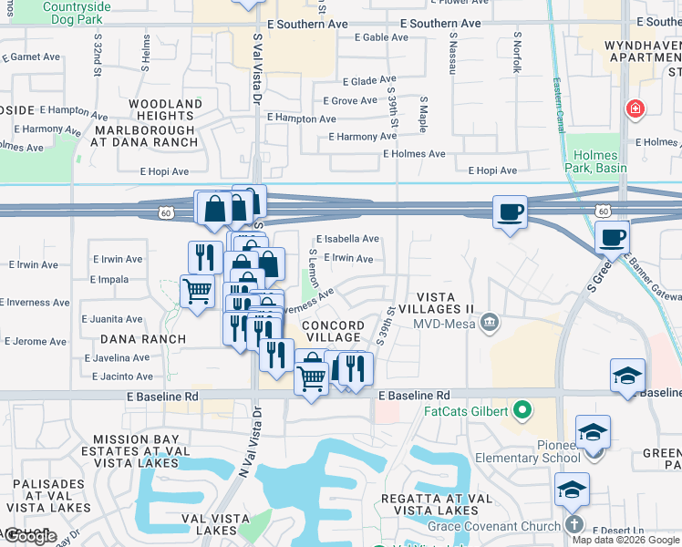 map of restaurants, bars, coffee shops, grocery stores, and more near 1731 South Gilmore Circle in Mesa