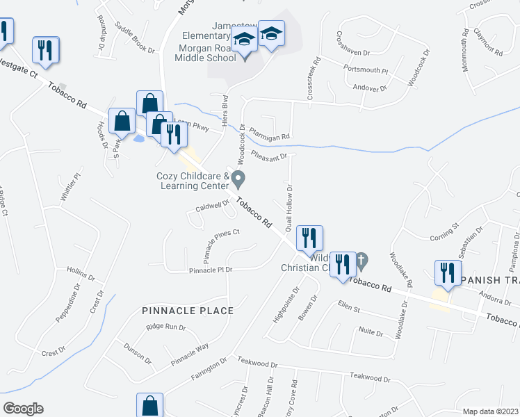 map of restaurants, bars, coffee shops, grocery stores, and more near 2719 Tobacco Road in Hephzibah