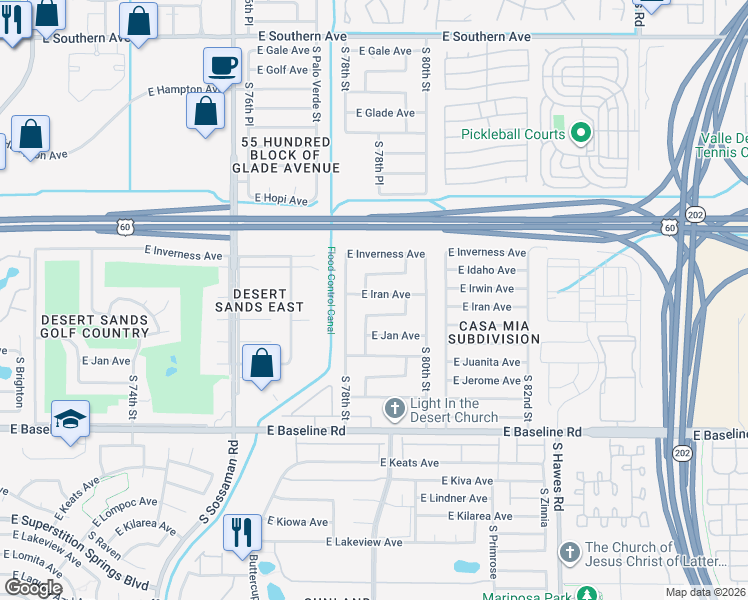 map of restaurants, bars, coffee shops, grocery stores, and more near 7839 East Iran Avenue in Mesa