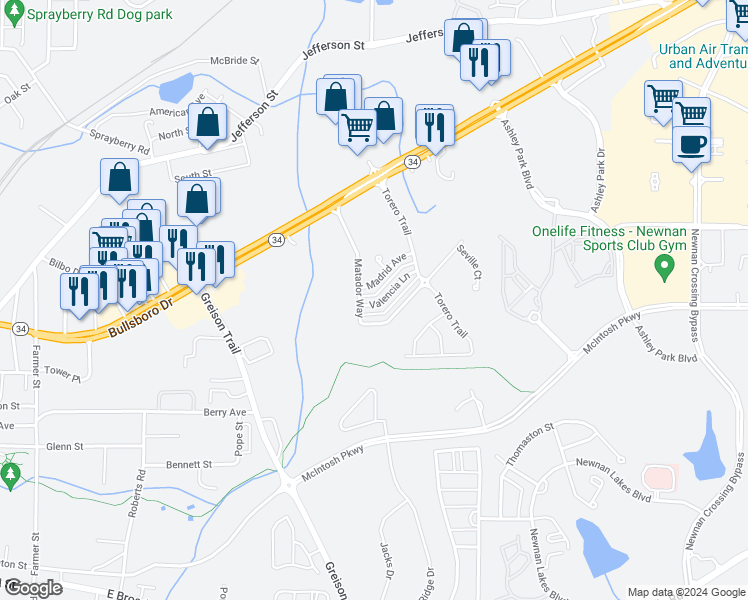 map of restaurants, bars, coffee shops, grocery stores, and more near 6 Valencia Lane in Newnan