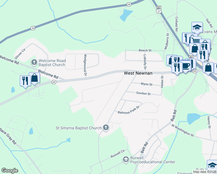 map of restaurants, bars, coffee shops, grocery stores, and more near 10 Thomas Way in Newnan