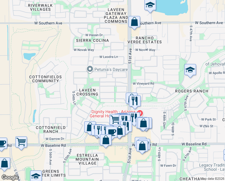 map of restaurants, bars, coffee shops, grocery stores, and more near 5140 West Shumway Farm Road in Phoenix
