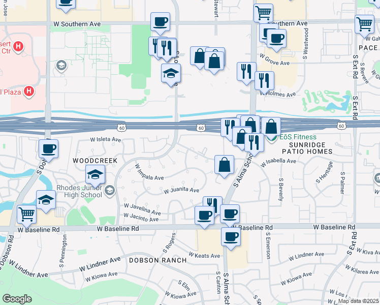 map of restaurants, bars, coffee shops, grocery stores, and more near 1723 South Standage in Mesa