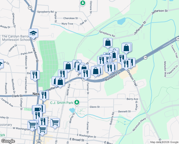 map of restaurants, bars, coffee shops, grocery stores, and more near 16 Farmer Street in Newnan