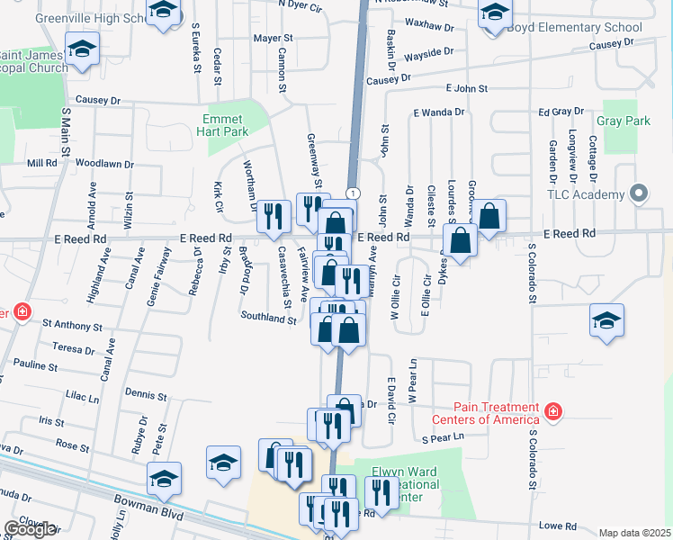 map of restaurants, bars, coffee shops, grocery stores, and more near 1423 Mississippi 1 in Greenville