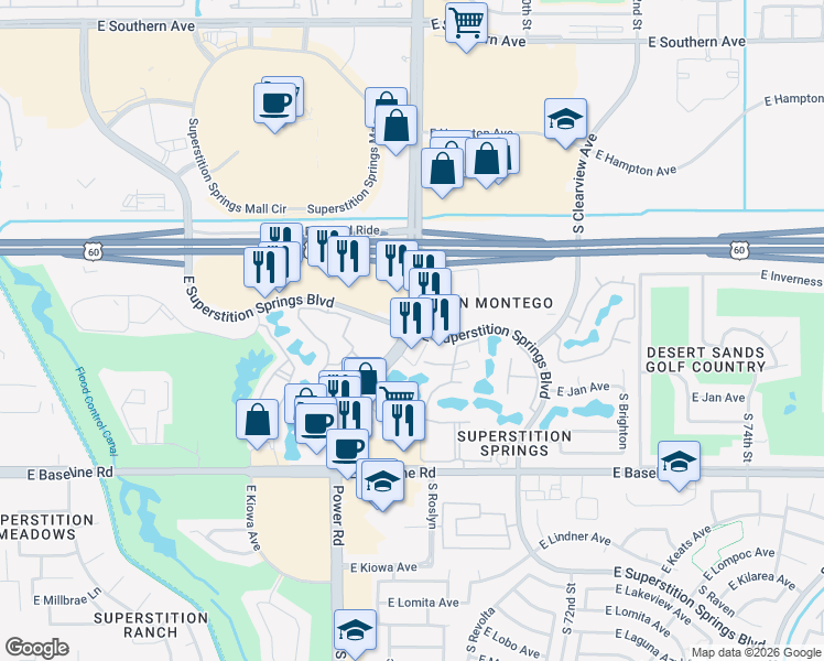 map of restaurants, bars, coffee shops, grocery stores, and more near S Power Rd & Superstition Springs Blvd in Mesa