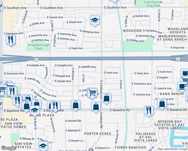 map of restaurants, bars, coffee shops, grocery stores, and more near 2738 E Impala Ave in Mesa