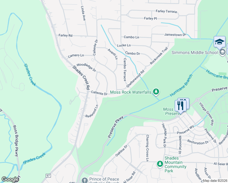 map of restaurants, bars, coffee shops, grocery stores, and more near 136 Caliente Drive in Birmingham
