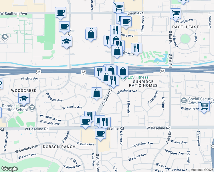 map of restaurants, bars, coffee shops, grocery stores, and more near 1710 South Alma School Road in Mesa