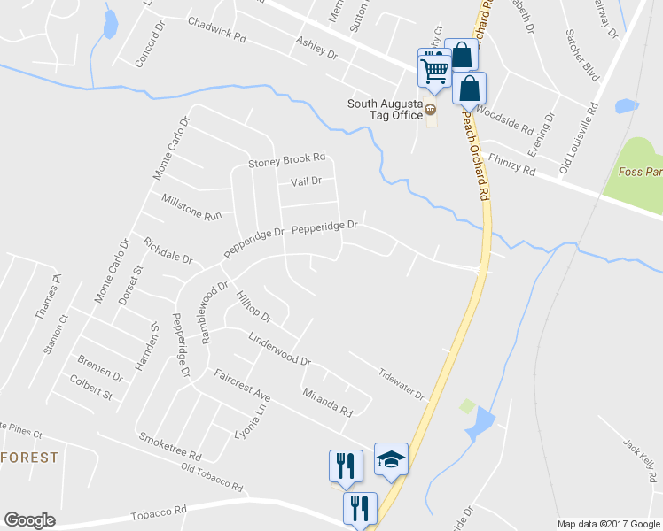 map of restaurants, bars, coffee shops, grocery stores, and more near 2154 Ramblewood Drive in Augusta