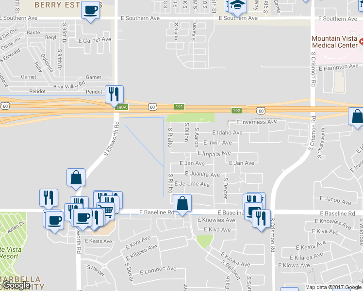 map of restaurants, bars, coffee shops, grocery stores, and more near 9443 East Irwin Avenue in Mesa