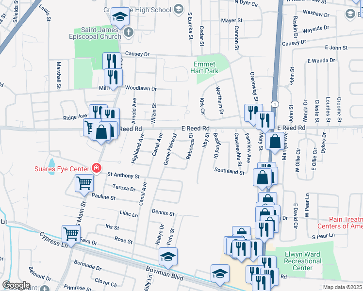 map of restaurants, bars, coffee shops, grocery stores, and more near 411 Gordon Street in Greenville