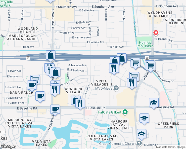 map of restaurants, bars, coffee shops, grocery stores, and more near 90 East Inverness Avenue in Mesa