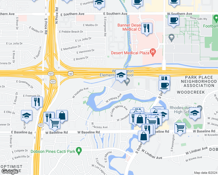 map of restaurants, bars, coffee shops, grocery stores, and more near 1250 West Via Rialto Avenue in Mesa