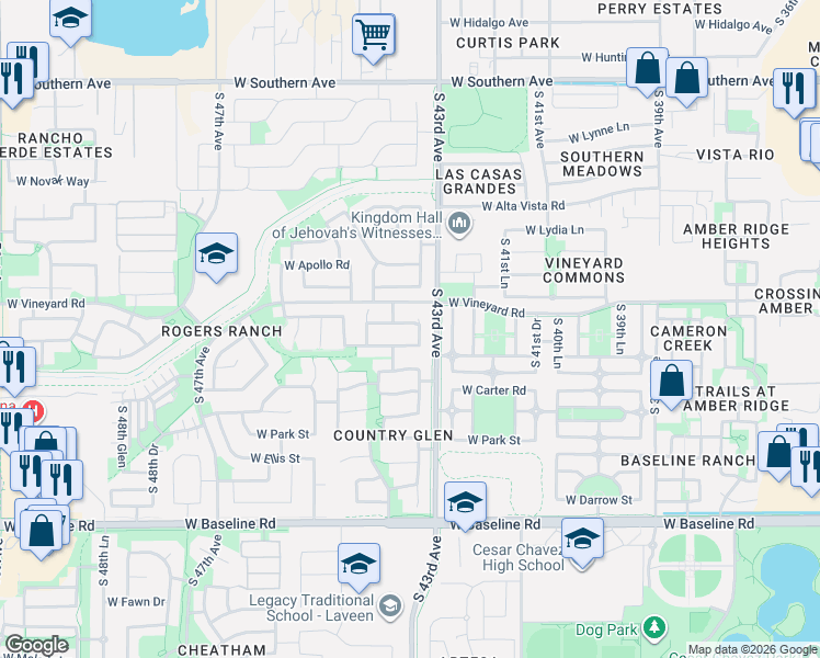 map of restaurants, bars, coffee shops, grocery stores, and more near 4319 West Darrel Road in Phoenix