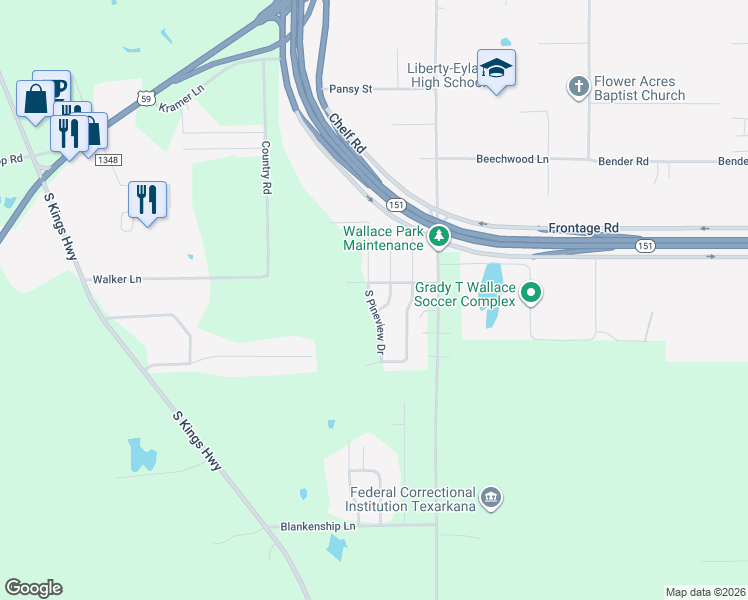 map of restaurants, bars, coffee shops, grocery stores, and more near 43 Castleberry in Texarkana