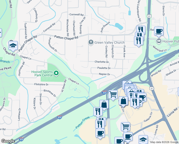 map of restaurants, bars, coffee shops, grocery stores, and more near 1790 Napier Drive in Birmingham