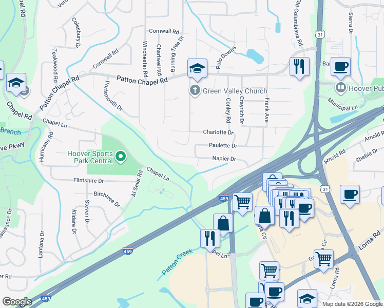 map of restaurants, bars, coffee shops, grocery stores, and more near 1790 Napier Dr in Birmingham