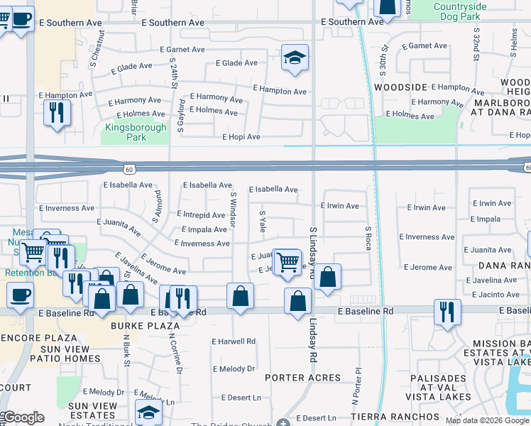 map of restaurants, bars, coffee shops, grocery stores, and more near 2646 East Impala Avenue in Mesa