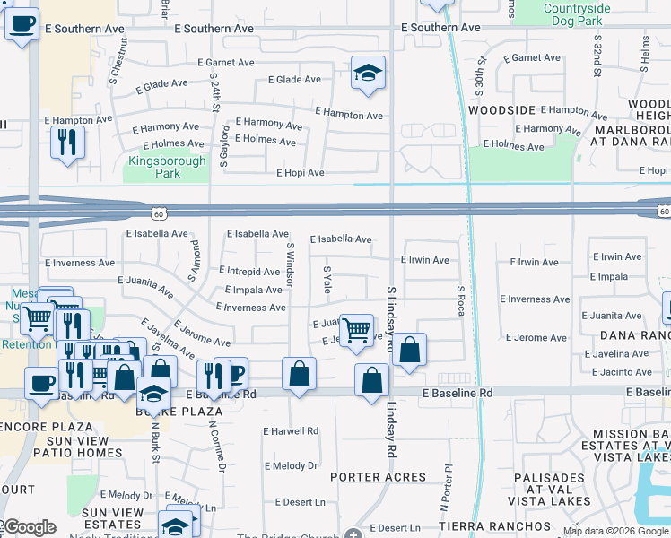 map of restaurants, bars, coffee shops, grocery stores, and more near 2646 East Impala Avenue in Mesa