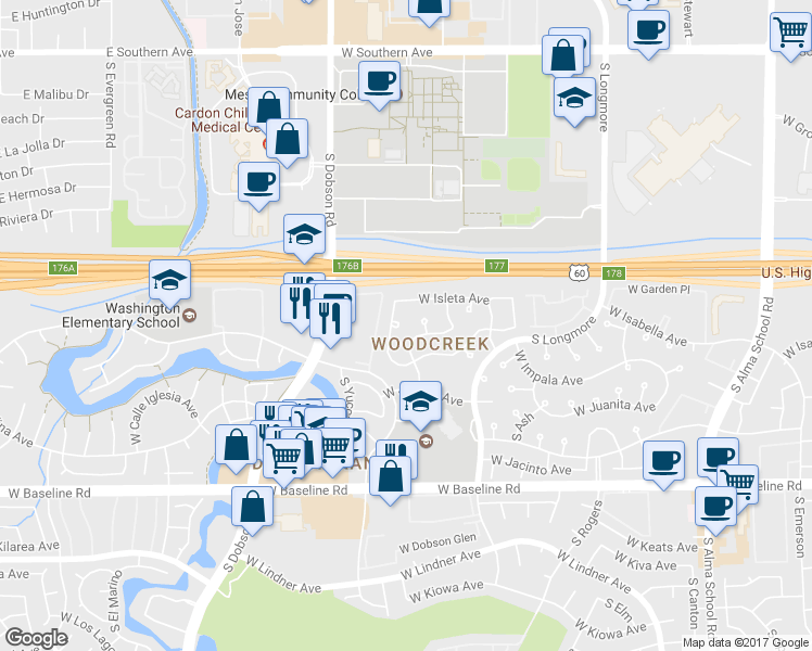 map of restaurants, bars, coffee shops, grocery stores, and more near 1701 S Cholla in Mesa