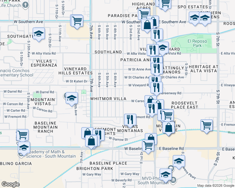 map of restaurants, bars, coffee shops, grocery stores, and more near 6825 South 4th Avenue in Phoenix
