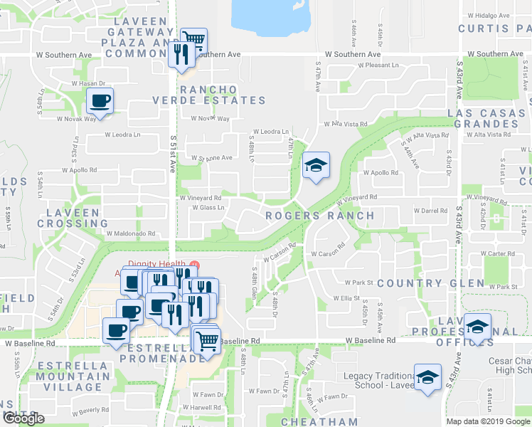 map of restaurants, bars, coffee shops, grocery stores, and more near 4814 West Darrell Road in Phoenix