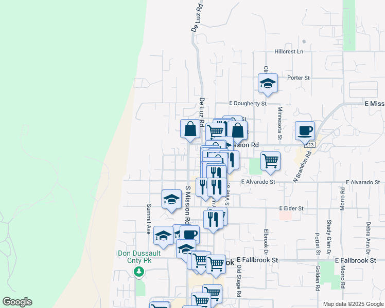 map of restaurants, bars, coffee shops, grocery stores, and more near 307 North Mission Road in Fallbrook