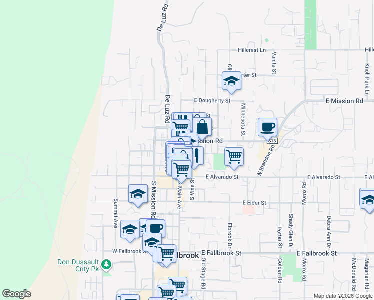 map of restaurants, bars, coffee shops, grocery stores, and more near 311 North Main Avenue in Fallbrook