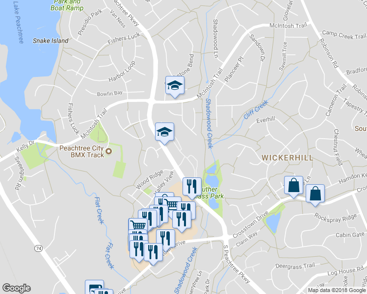 map of restaurants, bars, coffee shops, grocery stores, and more near 1027 Ridgefield Drive in Peachtree City