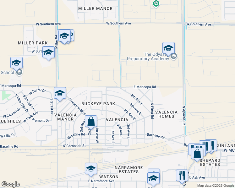map of restaurants, bars, coffee shops, grocery stores, and more near 116 West 5th Avenue West in Buckeye