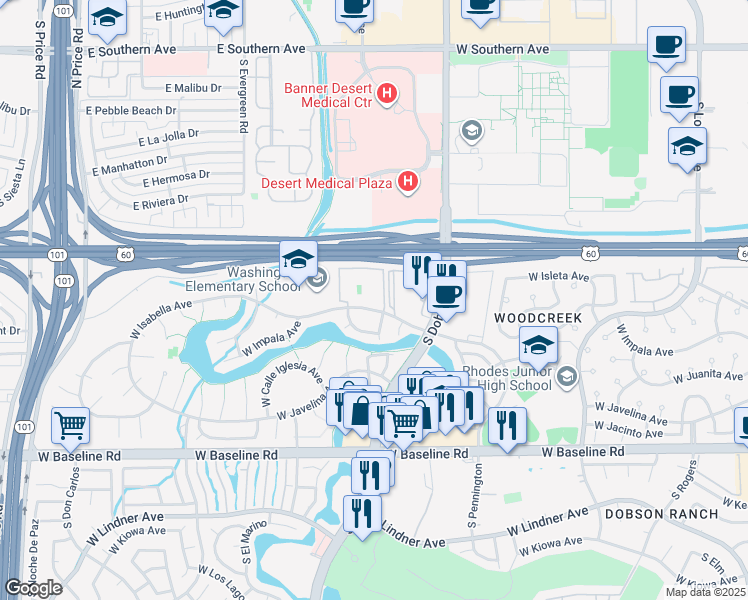 map of restaurants, bars, coffee shops, grocery stores, and more near 2146 West Isabella Avenue in Mesa