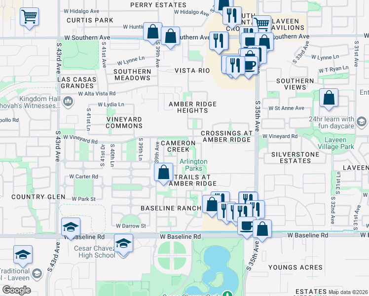 map of restaurants, bars, coffee shops, grocery stores, and more near 6824 South 37th Glen in Phoenix