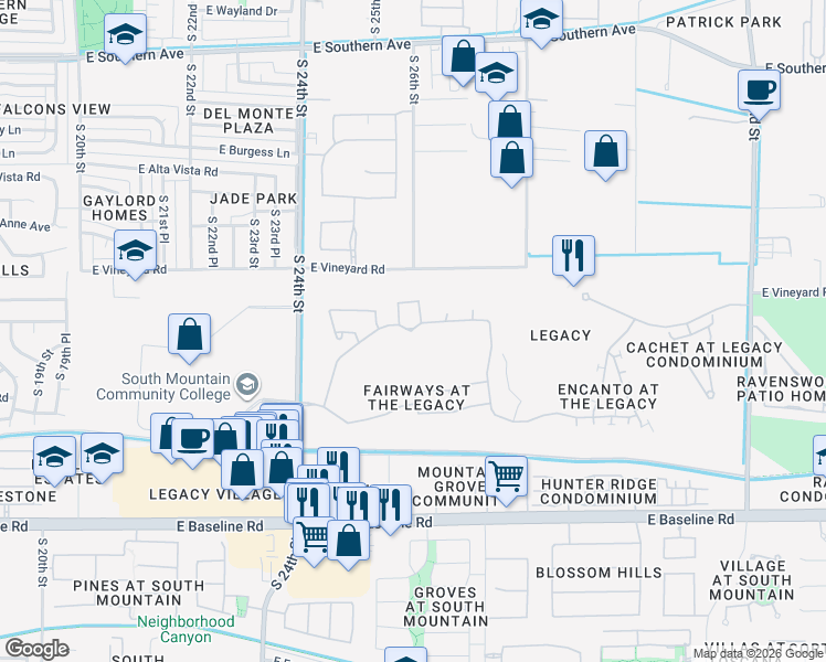 map of restaurants, bars, coffee shops, grocery stores, and more near 2521 East Darrel Road in Phoenix