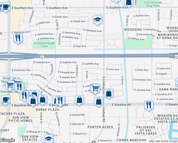 map of restaurants, bars, coffee shops, grocery stores, and more near 2646 East Impala Avenue in Mesa