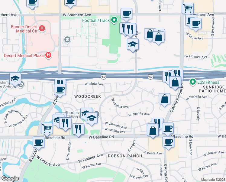 map of restaurants, bars, coffee shops, grocery stores, and more near 1669 South Ash in Mesa