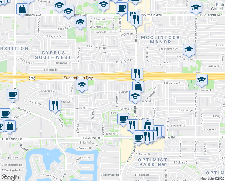 map of restaurants, bars, coffee shops, grocery stores, and more near 4430 South Willow Drive in Tempe