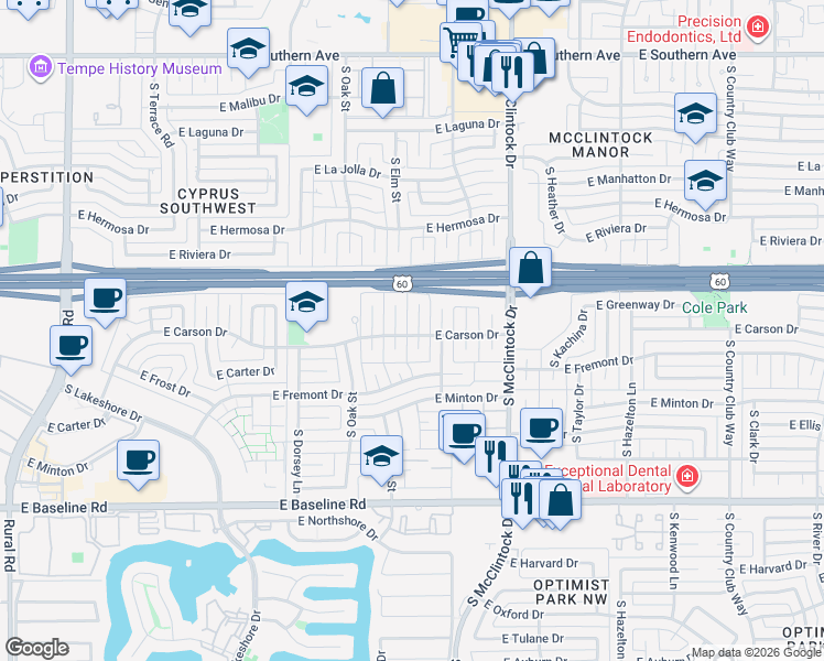 map of restaurants, bars, coffee shops, grocery stores, and more near 4431 South Elm Street in Tempe