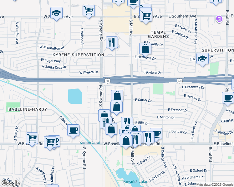 map of restaurants, bars, coffee shops, grocery stores, and more near 4602 South Ash Avenue in Tempe