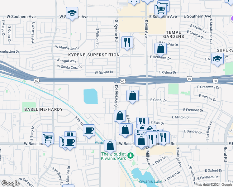 map of restaurants, bars, coffee shops, grocery stores, and more near 400 West Baseline Road in Tempe