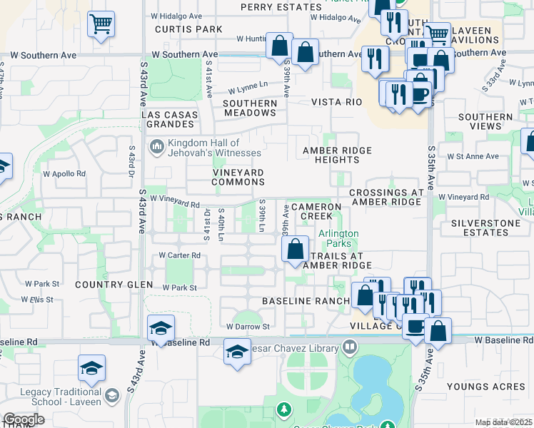 map of restaurants, bars, coffee shops, grocery stores, and more near 6814 South 39th Drive in Phoenix