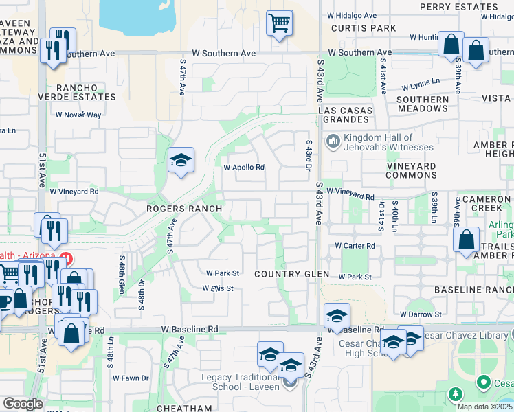 map of restaurants, bars, coffee shops, grocery stores, and more near 6814 S 44th Ln in Phoenix