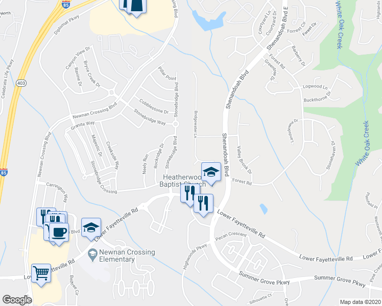 map of restaurants, bars, coffee shops, grocery stores, and more near 66 Bridgewater Lane in Newnan