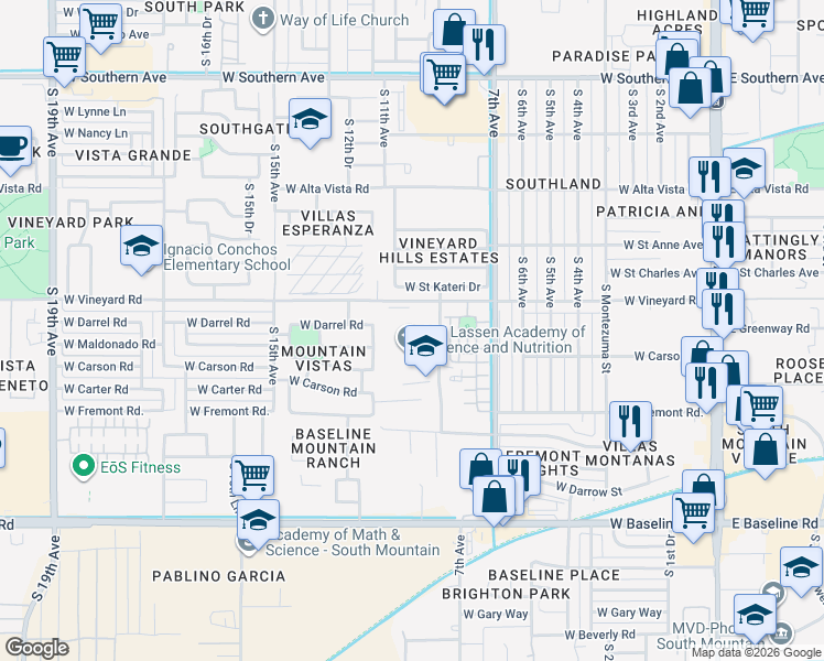 map of restaurants, bars, coffee shops, grocery stores, and more near 909 West Vineyard Road in Phoenix