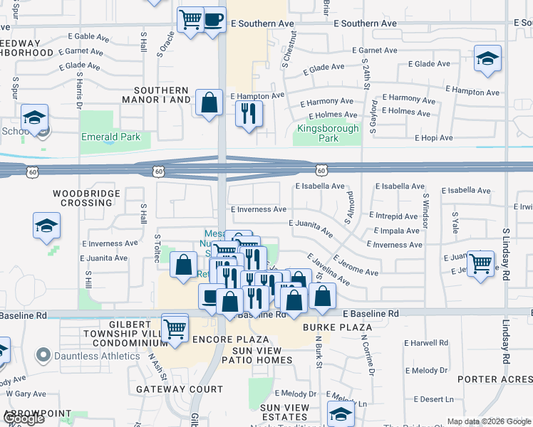 map of restaurants, bars, coffee shops, grocery stores, and more near 2115 East Inverness Avenue in Mesa